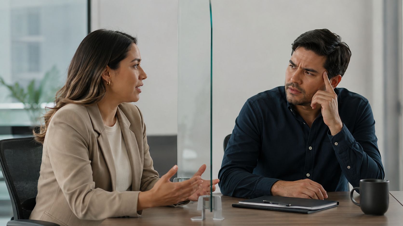 Una mujer y un hombre teniendo una conversación profesional separados por una barrera de vidrio transparente.