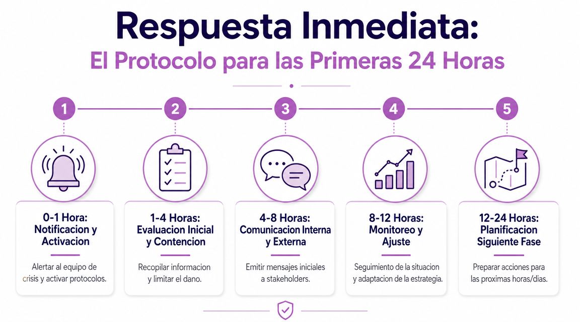 Infografía sobre el protocolo de manejo de crisis detallando las acciones clave durante las primeras 24 horas.