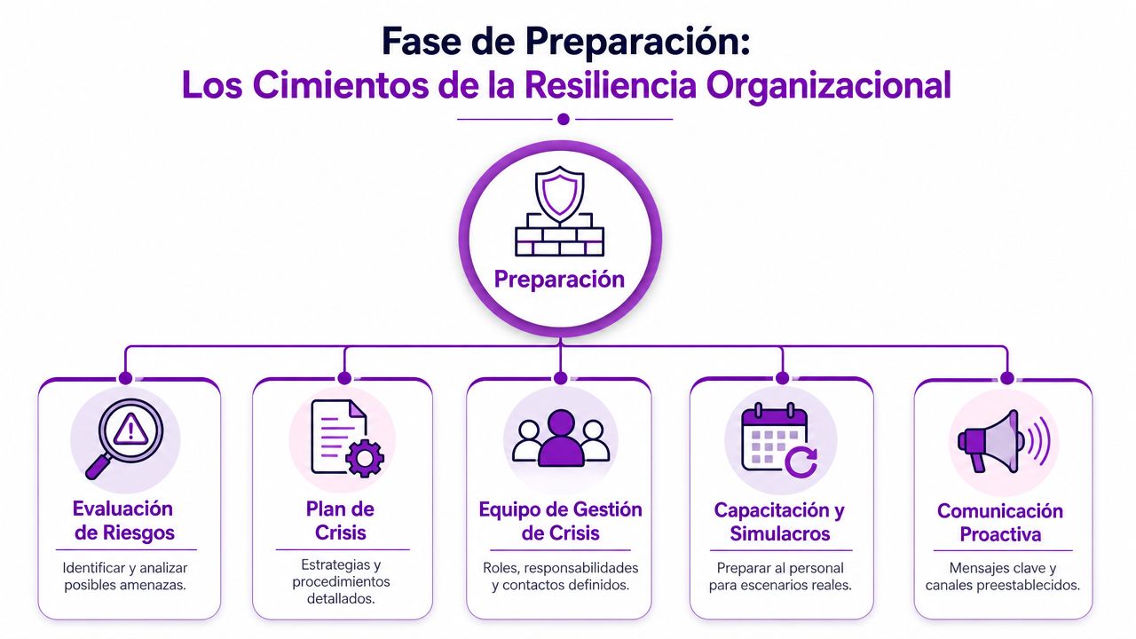 Infografía sobre la fase de preparación para desarrollar la resiliencia organizacional frente a crisis empresariales.