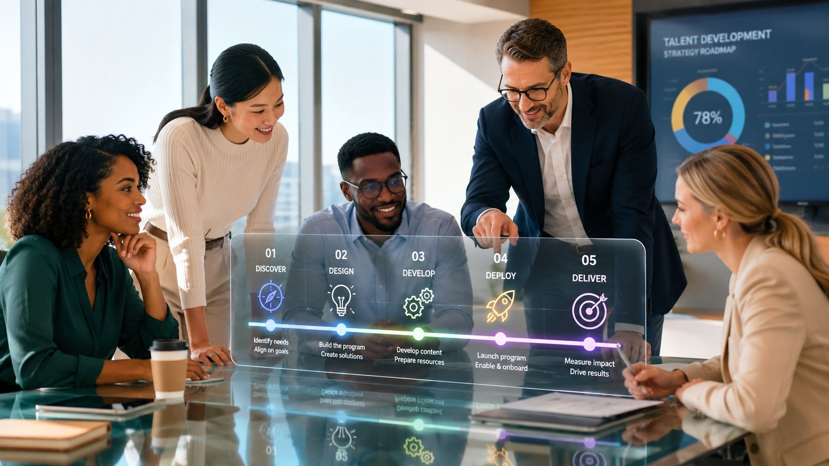 Un equipo diverso de profesionales de negocios colaborando alrededor de una pantalla holográfica interactiva de desarrollo estratégico.
