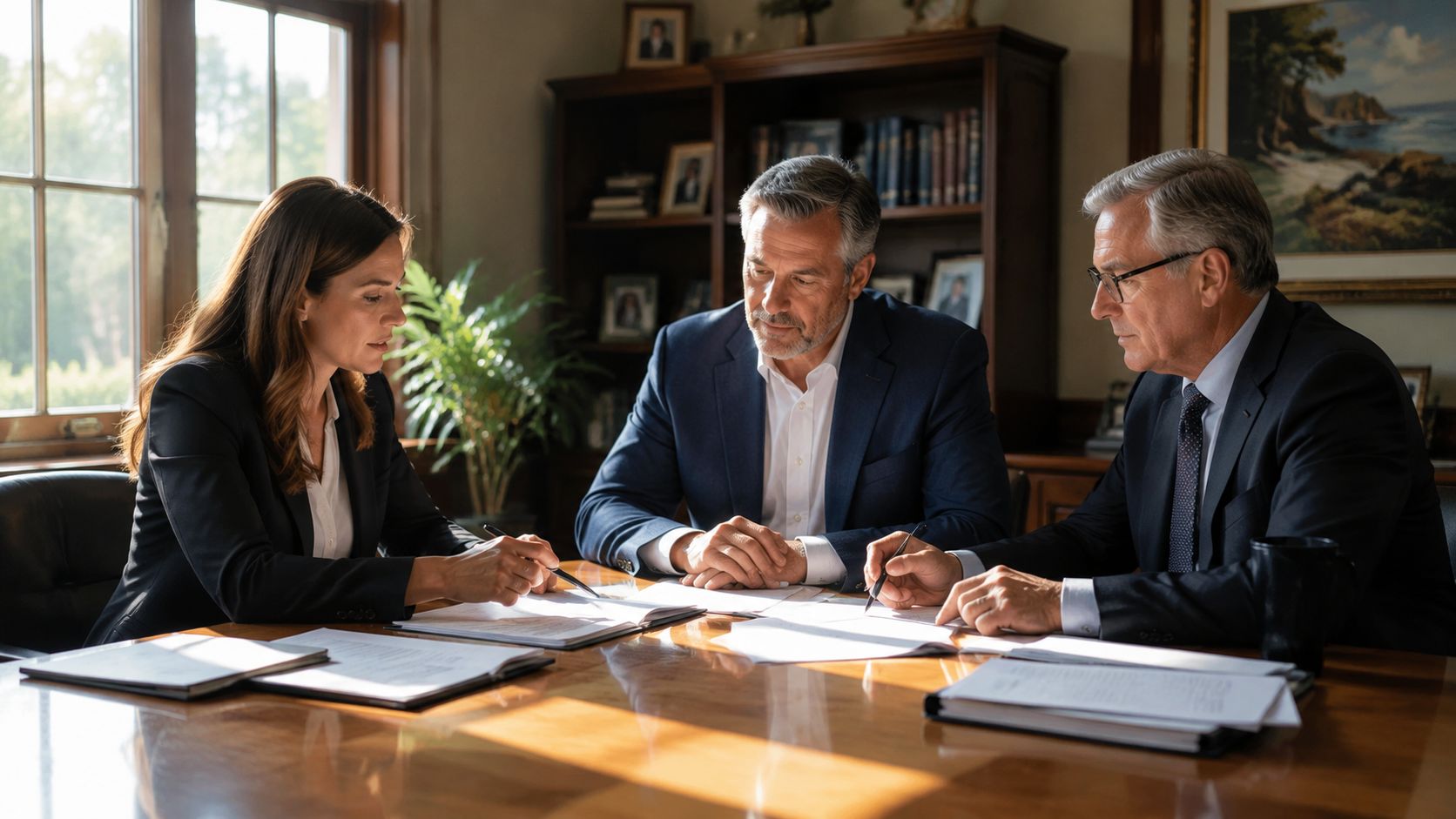 Tres profesionales de negocios revisan documentos importantes en una oficina elegante para planificar la sucesión de empresa.