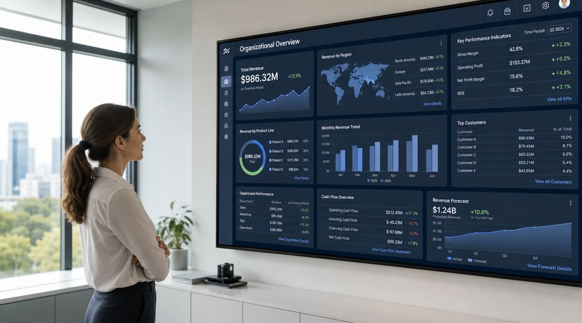 Una ejecutiva analizando un tablero de mando digital con métricas empresariales en una oficina moderna y luminosa.