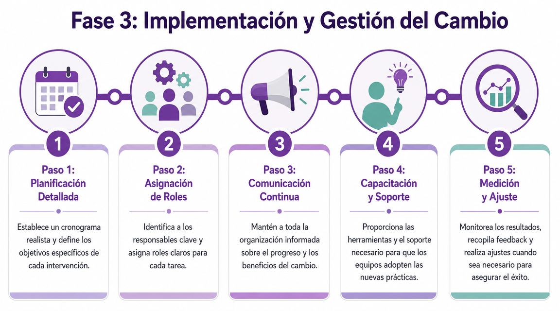 Diagrama de cinco pasos sobre la implementación y gestión del cambio en una organización empresarial.