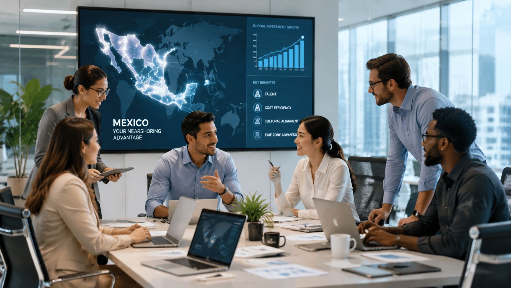 Un equipo diverso de profesionales en una reunión de negocios discutiendo estrategias de nearshoring en México.