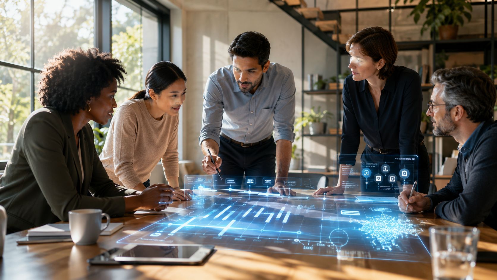 Un equipo diverso de profesionales analiza datos proyectados en una mesa digital interactiva en una oficina moderna.