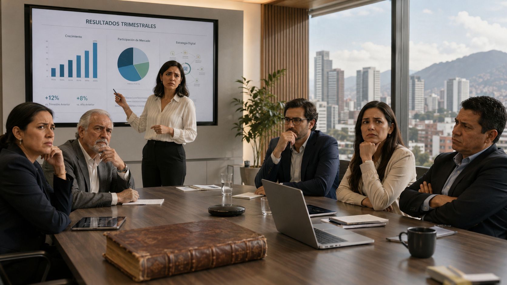Grupo de profesionales corporativos analizando resultados trimestrales durante una reunión de negocios en una oficina moderna.