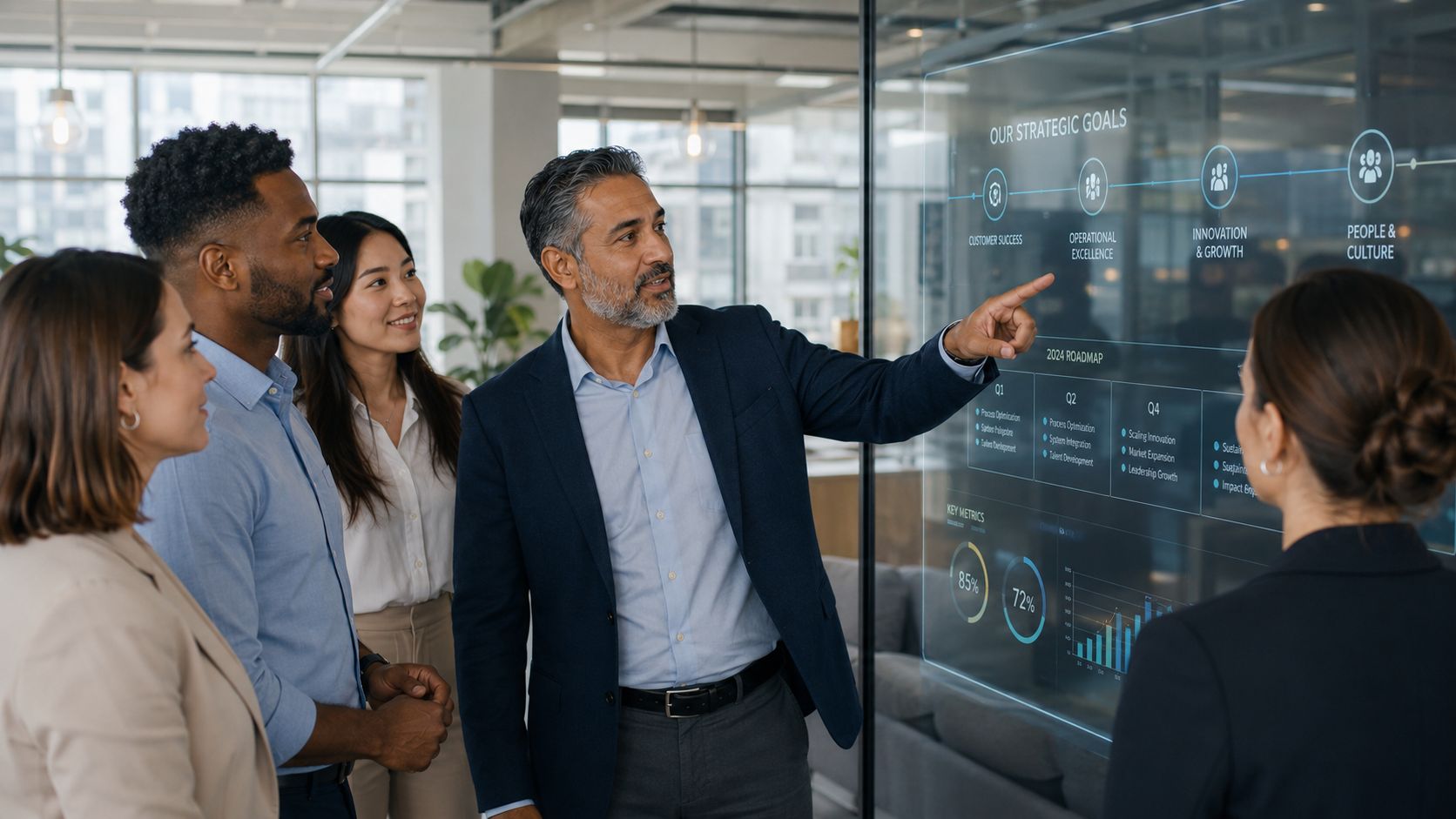 Un equipo corporativo diverso observa una pantalla interactiva con objetivos estratégicos y datos de rendimiento empresarial.