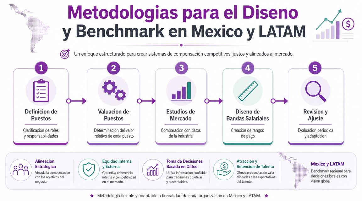 Infografía sobre metodologías para el diseño y benchmark de sistemas de compensación salarial en México y LATAM.
