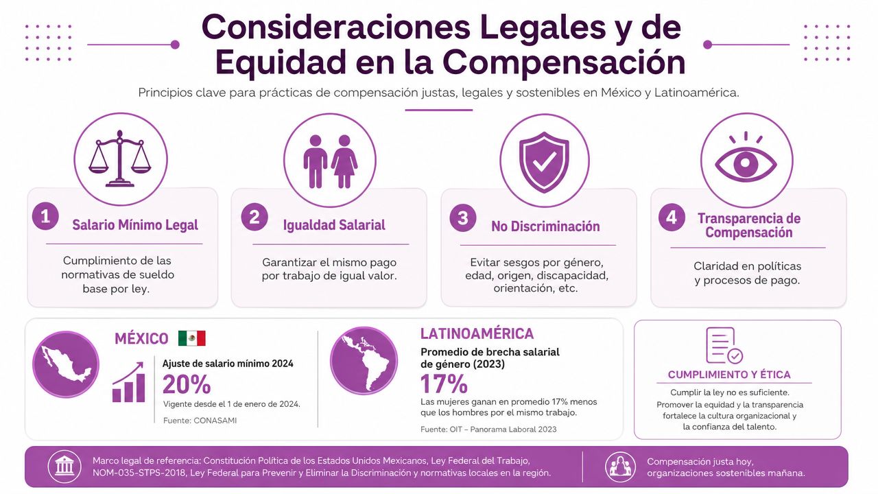 Infografía sobre consideraciones legales y de equidad salarial en México y Latinoamérica para empresas.