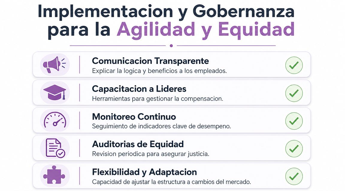 Gráfico que detalla los cinco pilares clave para la implementación y gobernanza de la agilidad y equidad.