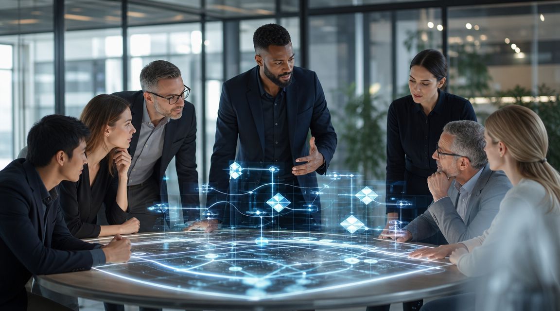 Un equipo profesional colaborando alrededor de una mesa interactiva con gráficos de red digital brillantes.