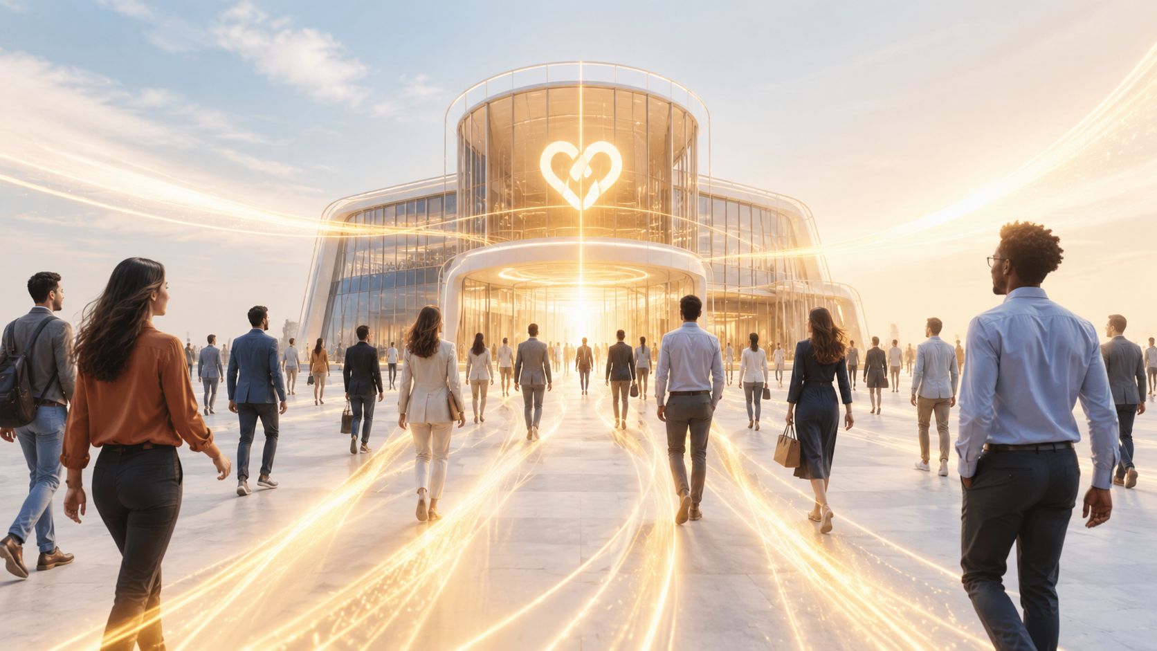 Profesionales caminando hacia un edificio moderno con un símbolo de corazón brillante rodeado de luces energéticas.