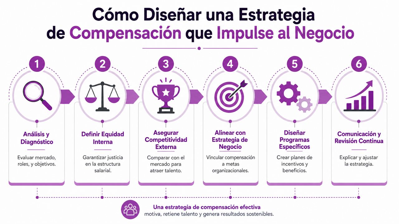 Infografía paso a paso sobre cómo diseñar una estrategia de compensación laboral efectiva para impulsar el negocio.