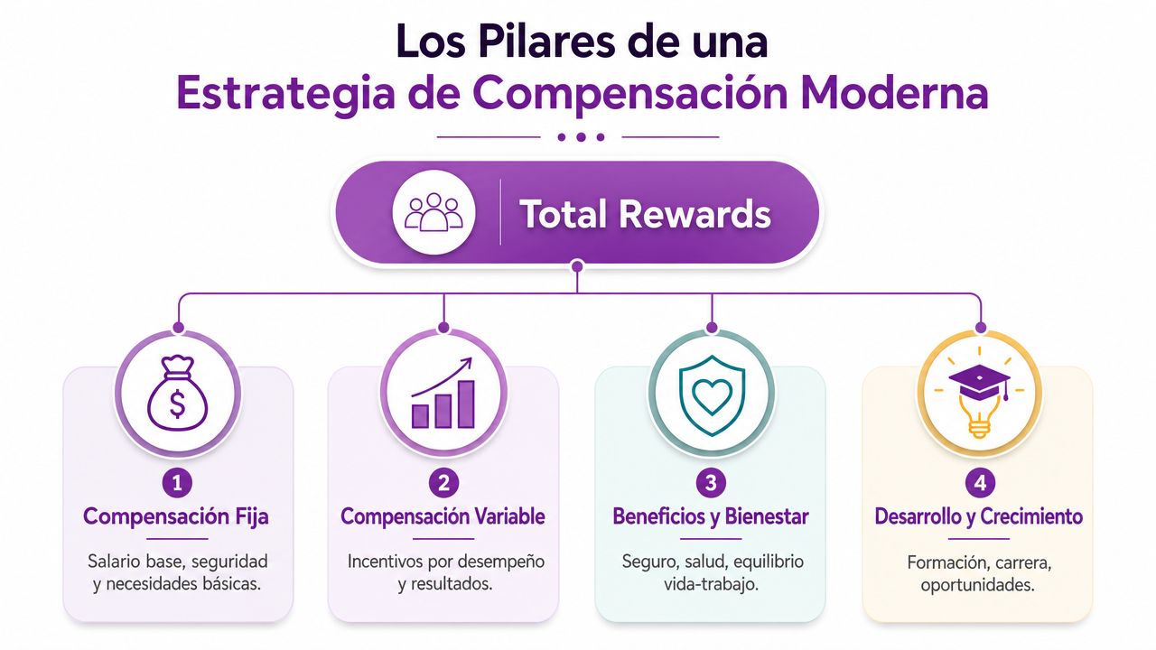 Diagrama de los pilares de una estrategia de compensación moderna centrada en el concepto de Total Rewards.
