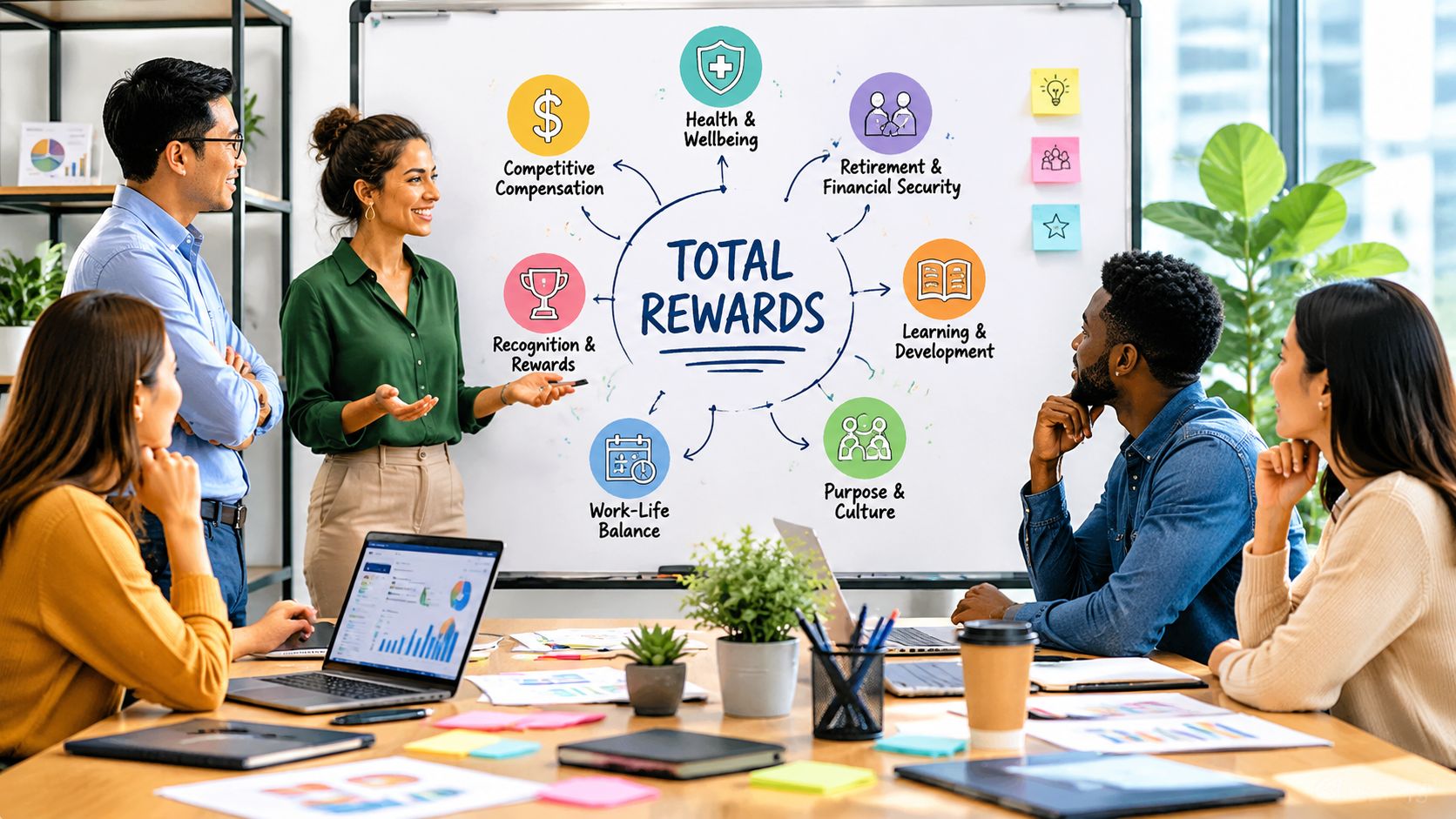 Una mujer presentando un gráfico sobre compensación total de empleados a un equipo en la oficina.