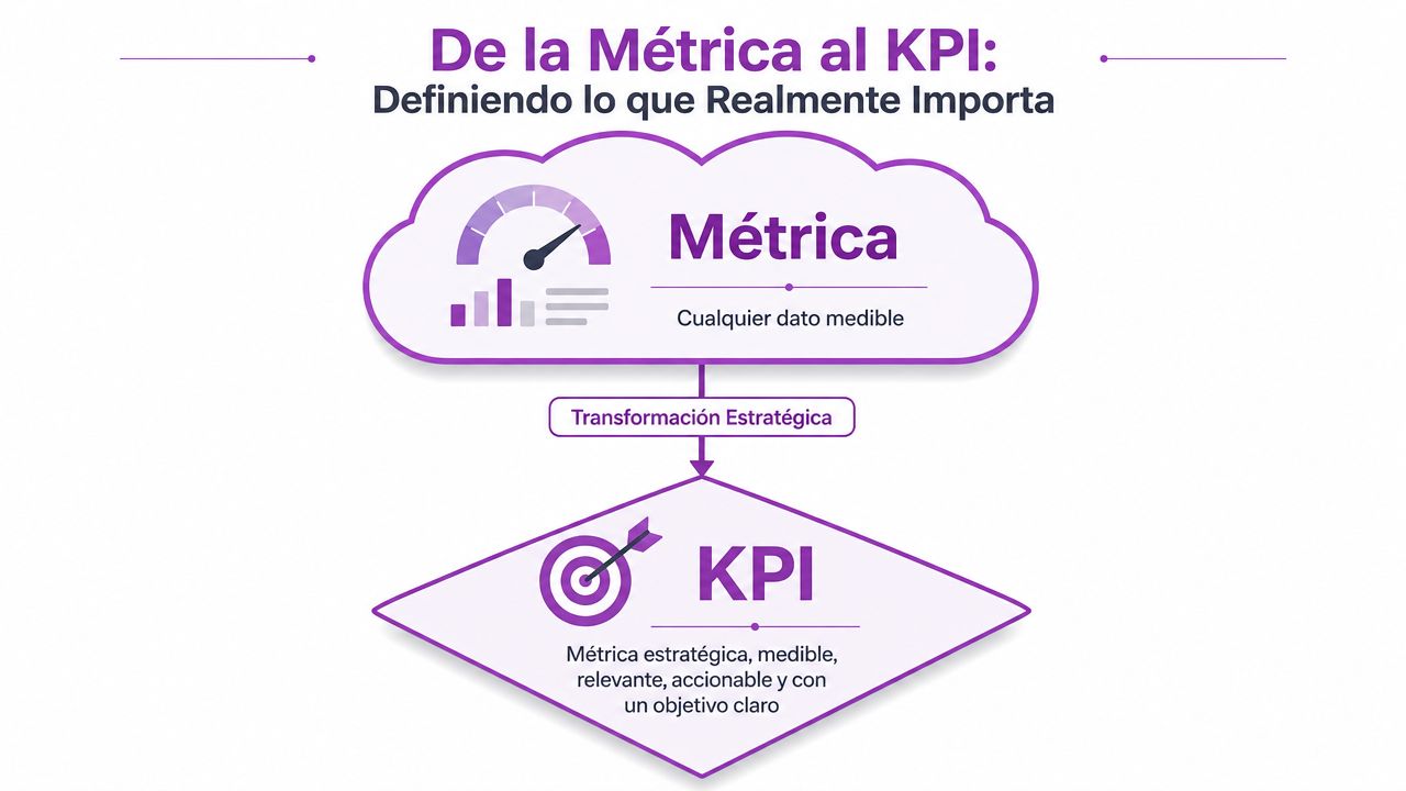 Diagrama que muestra la transición de métricas genéricas hacia KPI estratégicos para definir objetivos claros.