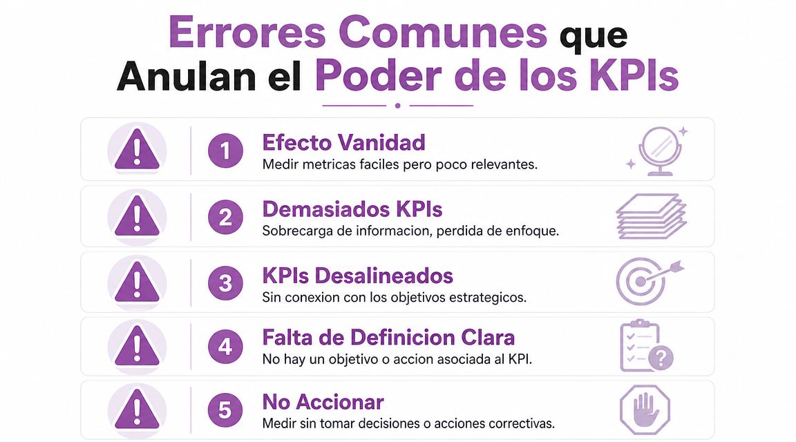 Infografía sobre los cinco errores más frecuentes que anulan el poder de los indicadores KPI empresariales.