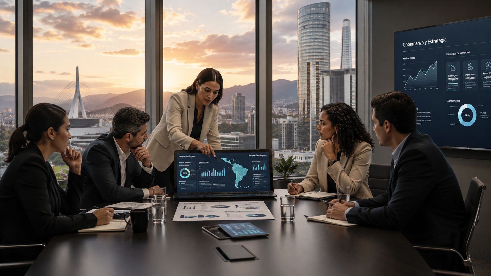 Profesionales de negocios revisando estrategias de gobernanza y análisis de datos en una moderna sala de juntas.