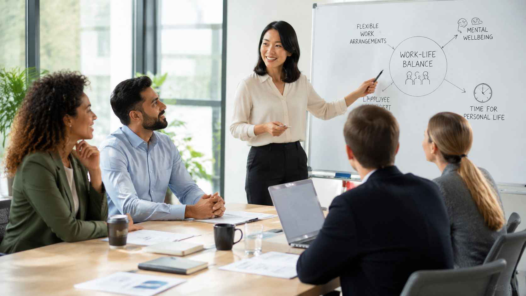 Una mujer presentando conceptos de equilibrio entre vida y trabajo ante un equipo en una sala moderna.