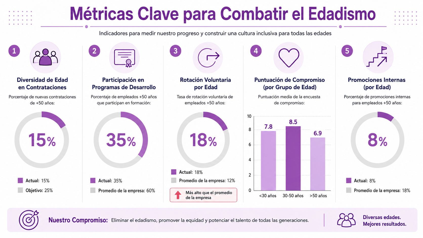 Infografía con cinco métricas clave para medir y combatir la discriminación por edad en el entorno laboral.