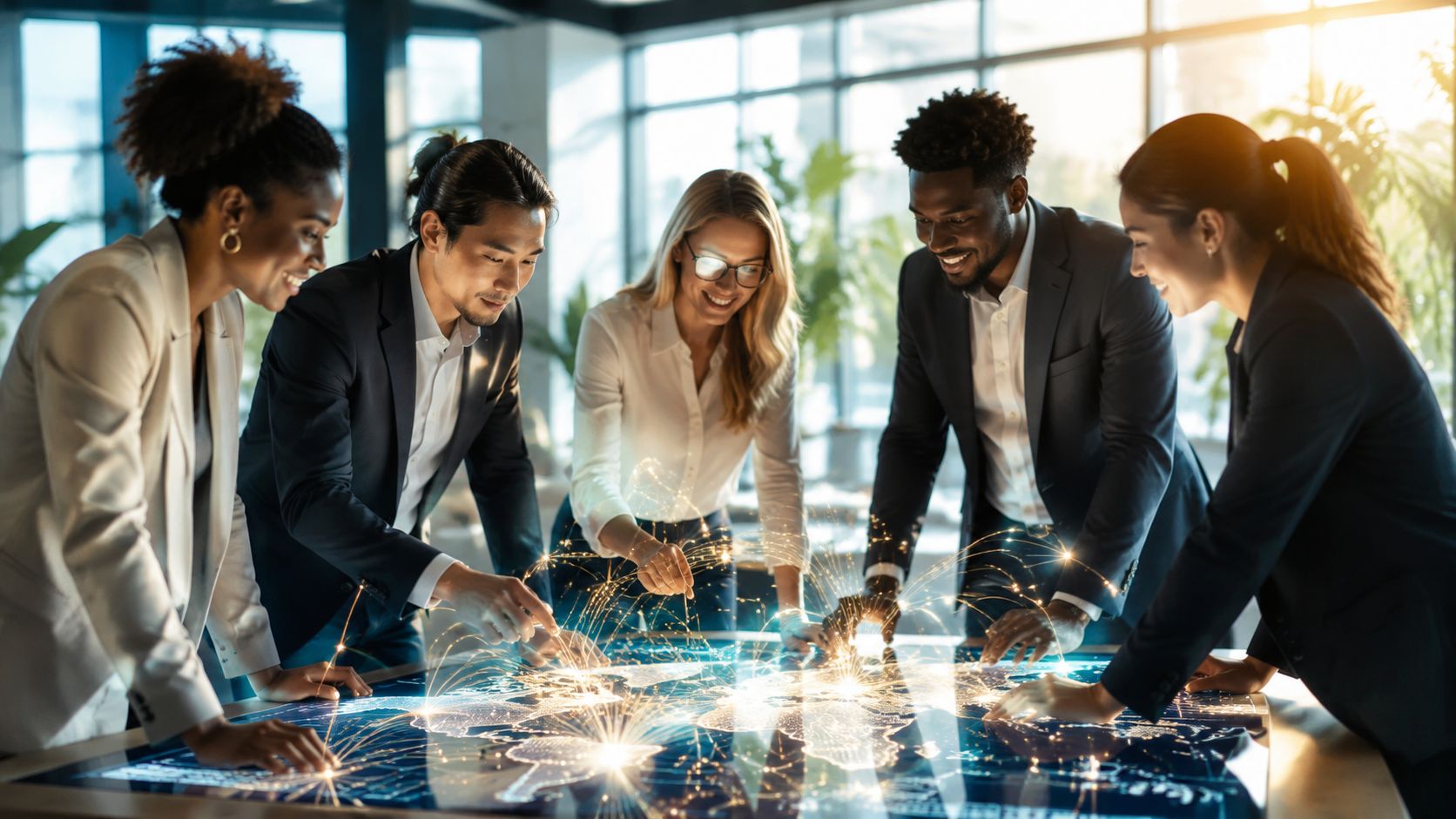 Un equipo diverso de profesionales de negocios analizando un mapa mundial digital interactivo en una oficina moderna.
