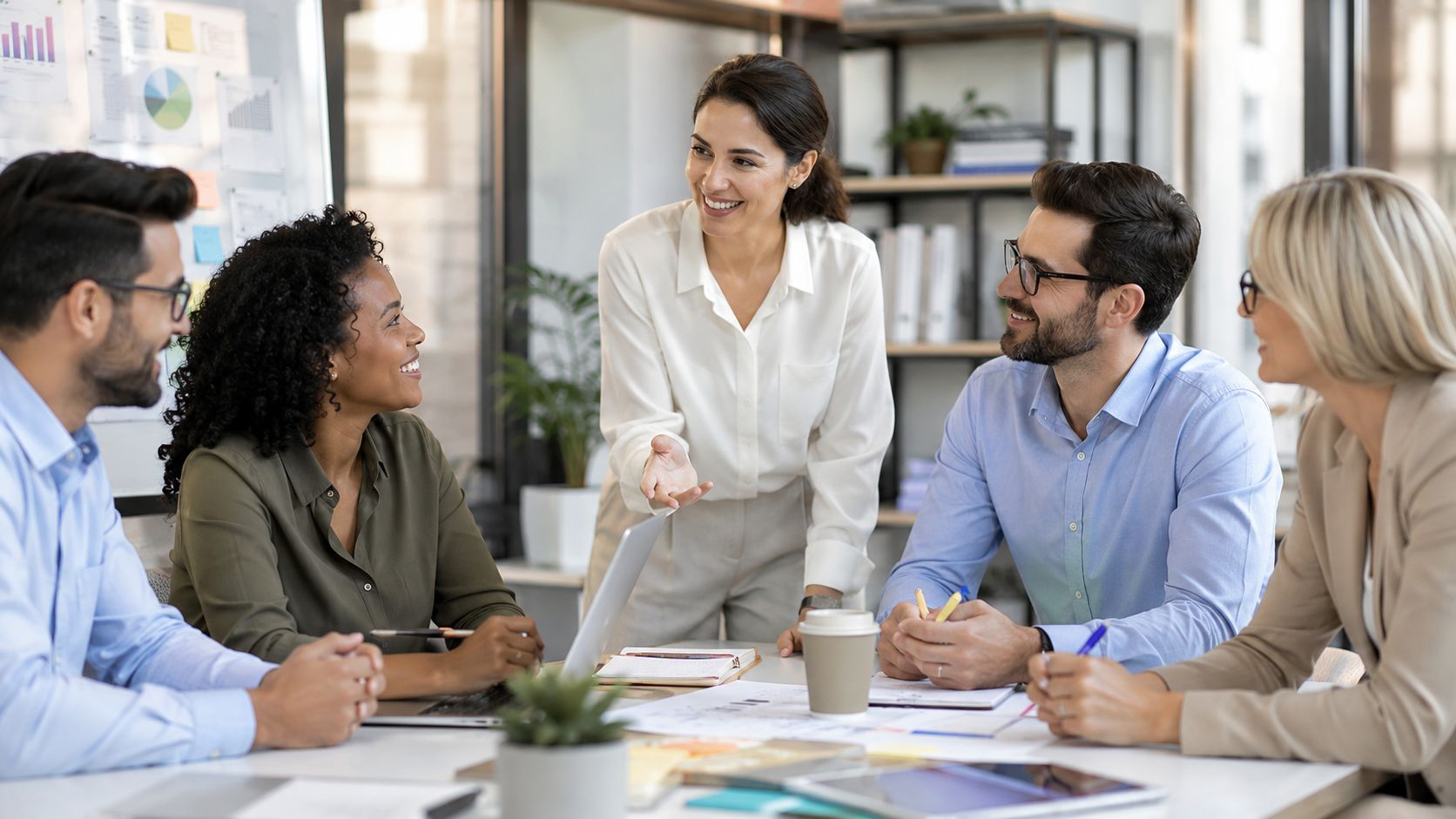 Un equipo diverso de profesionales colaborando y discutiendo ideas durante una reunión de trabajo en la oficina.