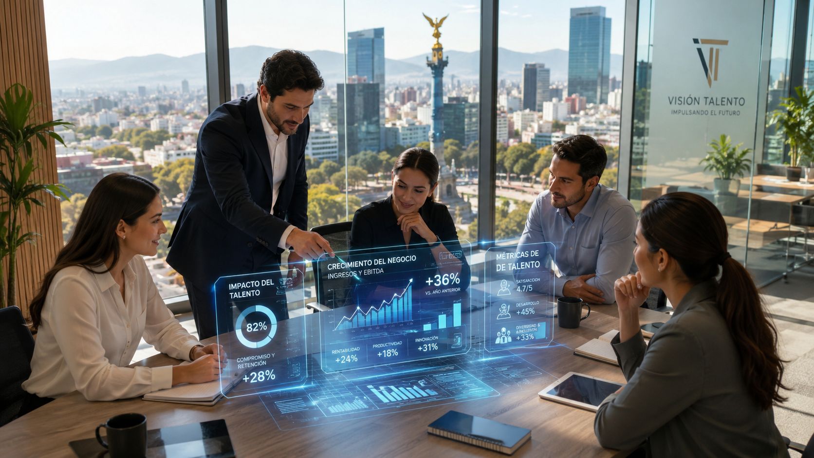 Equipo ejecutivo en una oficina corporativa analizando métricas de rendimiento proyectadas en una pantalla holográfica digital.