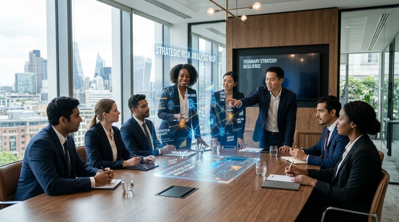 Grupo de profesionales corporativos analizando gráficos digitales de riesgos estratégicos en una moderna sala de juntas