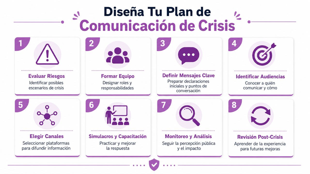 Infografía sobre los ocho pasos esenciales para diseñar un plan eficaz de comunicación de crisis empresarial.