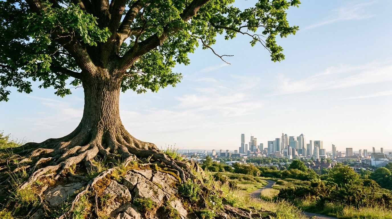 Un árbol grande y frondoso sobre una colina con vistas a un moderno horizonte de ciudad al fondo.