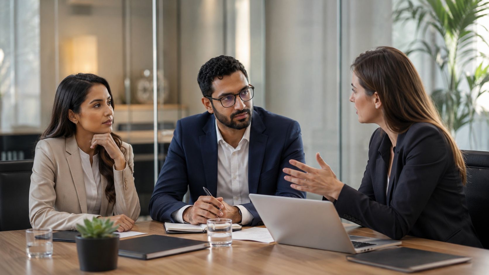 Tres profesionales de negocios discutiendo estrategias en una reunión formal dentro de una oficina moderna.