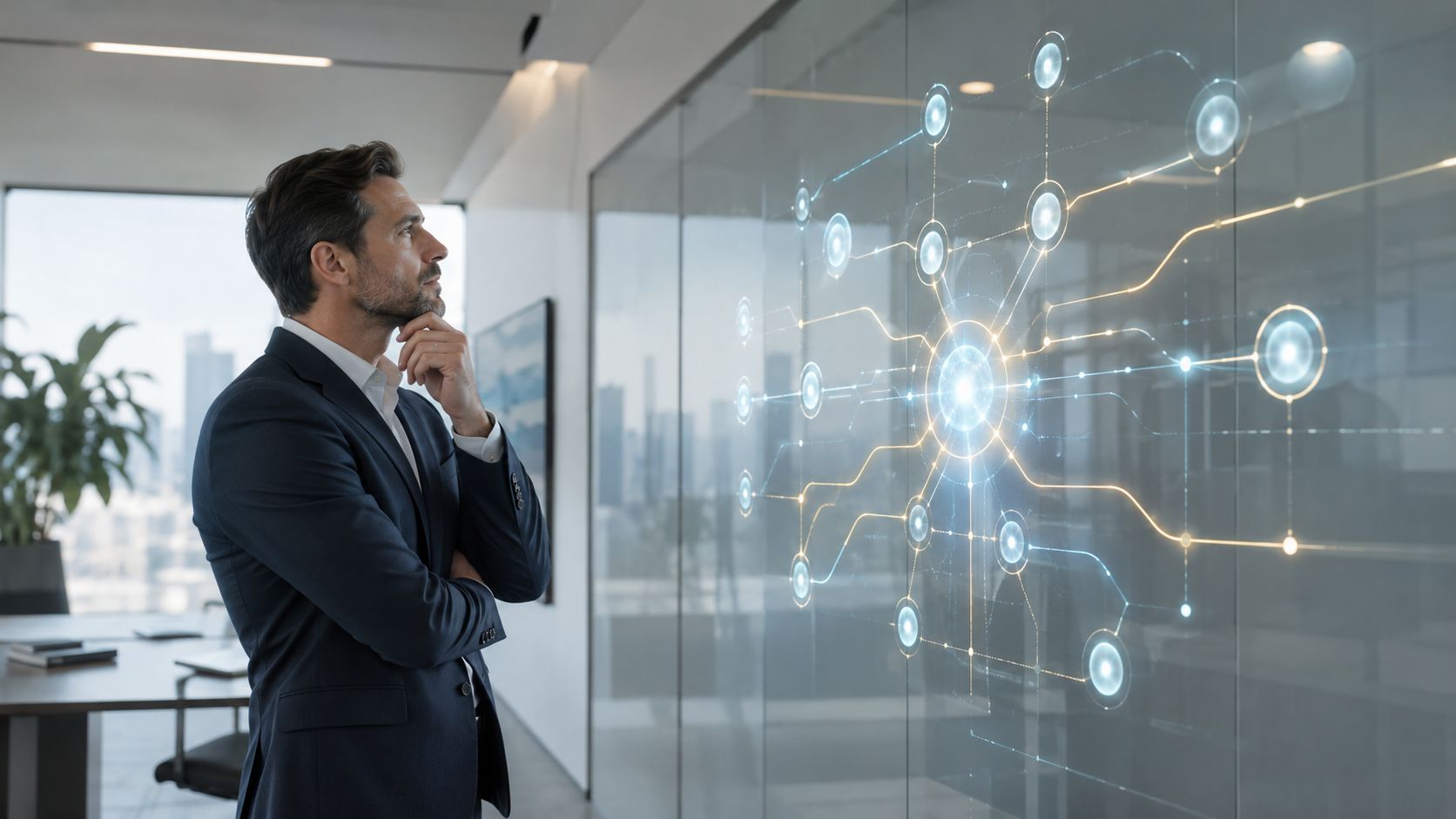 Un hombre de negocios reflexivo observa una red de datos digital proyectada sobre un cristal en oficina moderna.