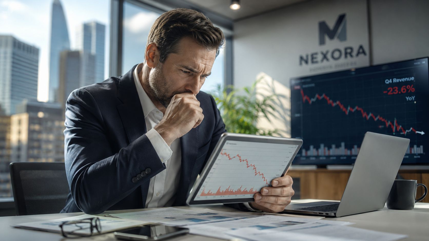 Un ejecutivo preocupado revisa gráficos de rendimiento financiero negativo en su tableta digital dentro de su oficina.