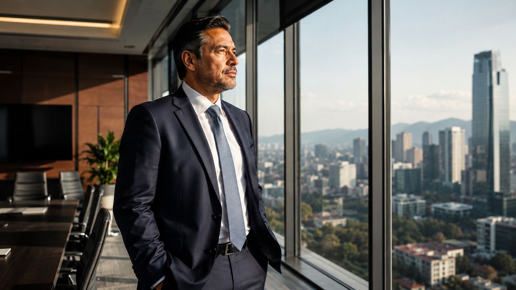 Un ejecutivo de negocios con traje profesional contempla la vista urbana desde una moderna oficina corporativa.