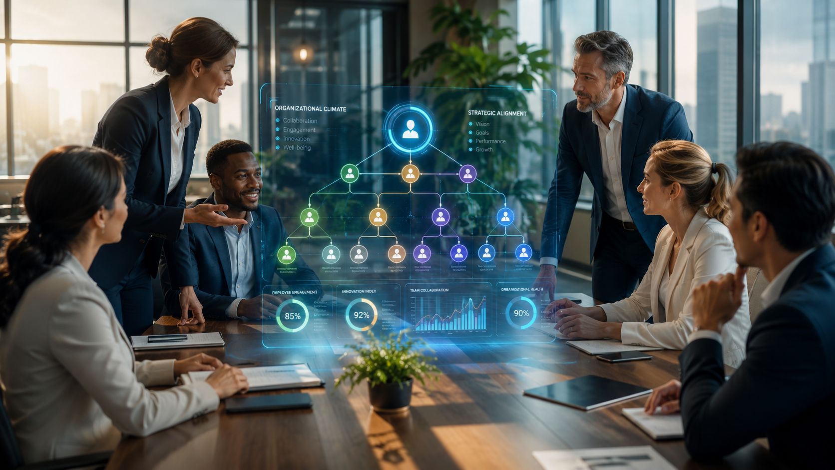 Equipo ejecutivo analizando métricas de clima organizacional y estructura corporativa mediante una pantalla holográfica digital en oficina.