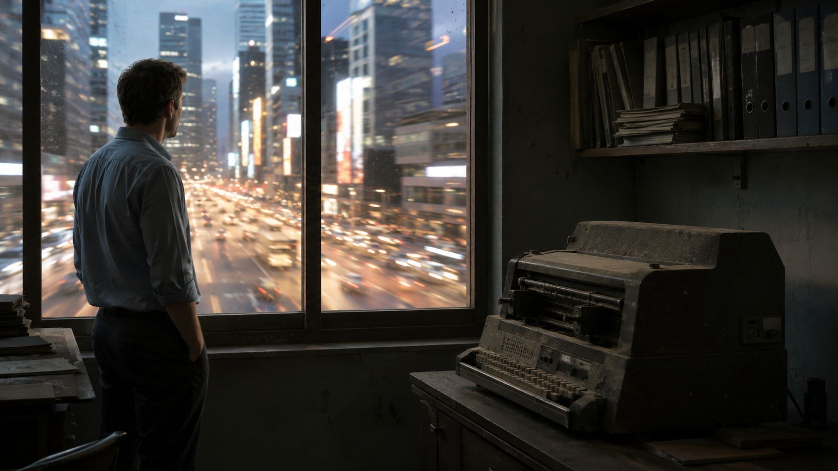 Hombre de negocios mirando a través de una ventana una ciudad iluminada con una antigua máquina de escribir.