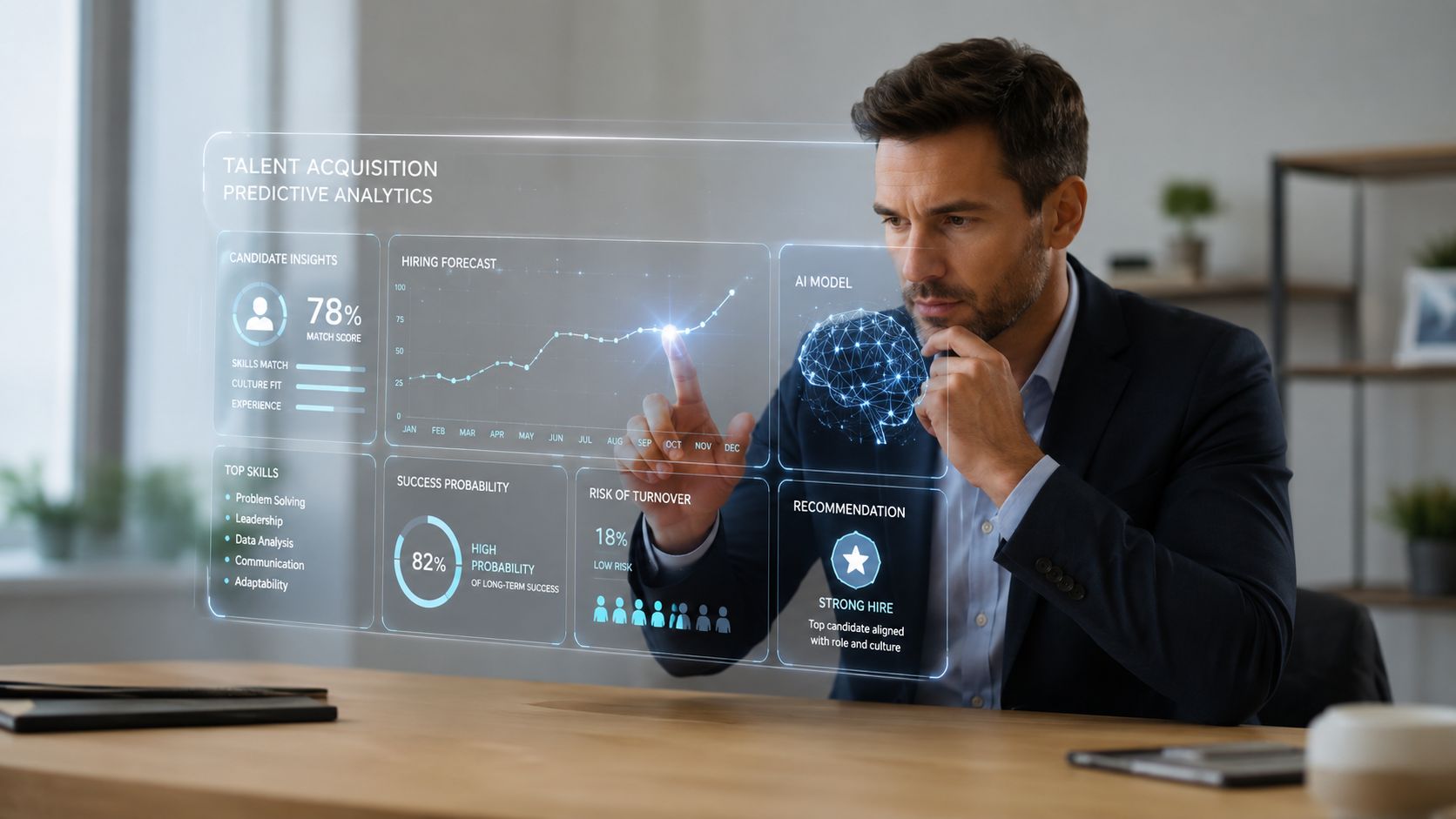 Un profesional de negocios analizando datos de talento mediante una interfaz digital holográfica futurista y predictiva.