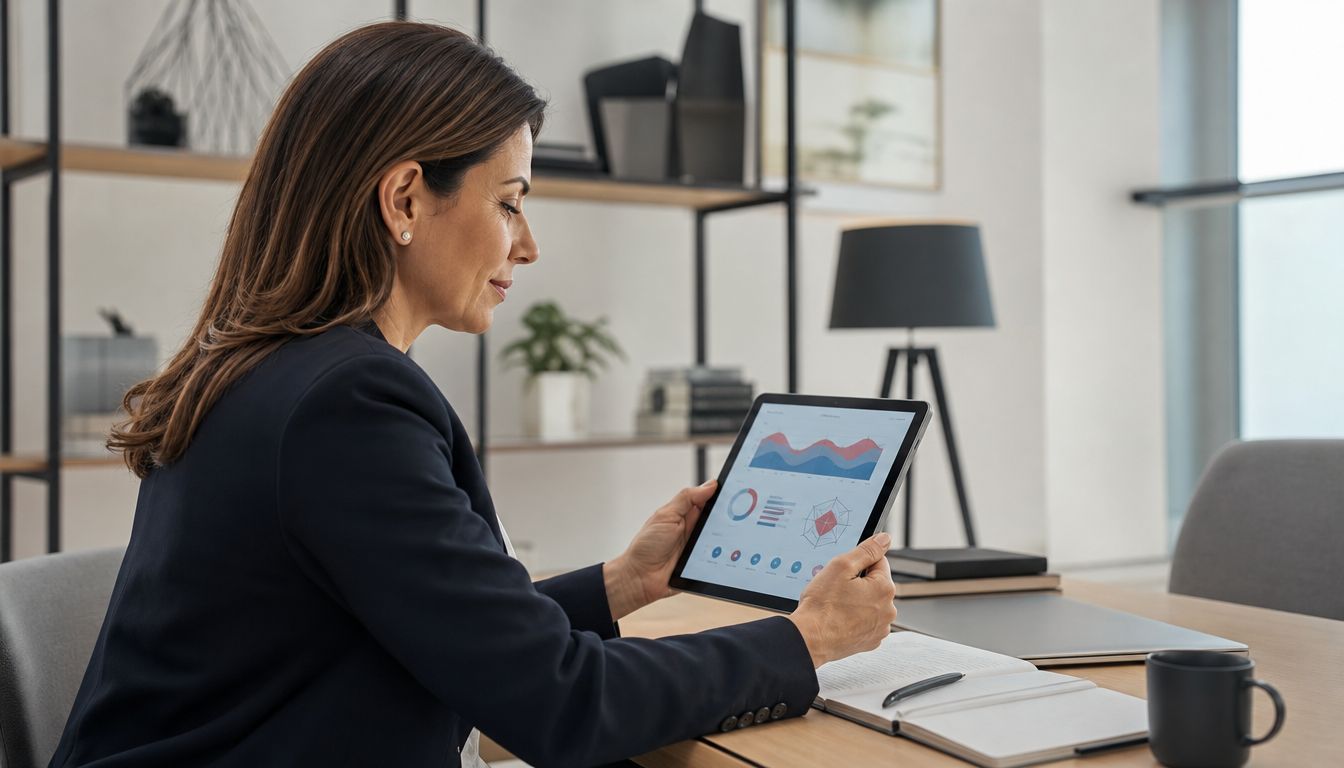 Una mujer de negocios analiza gráficos de rendimiento en una tableta digital mientras trabaja en su oficina.
