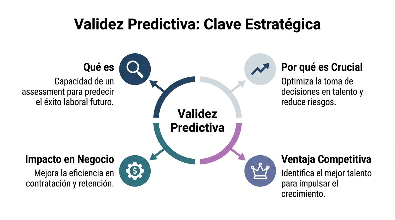 Infografía sobre el concepto de validez predictiva, sus beneficios estratégicos, impacto empresarial y ventaja competitiva en talento.
