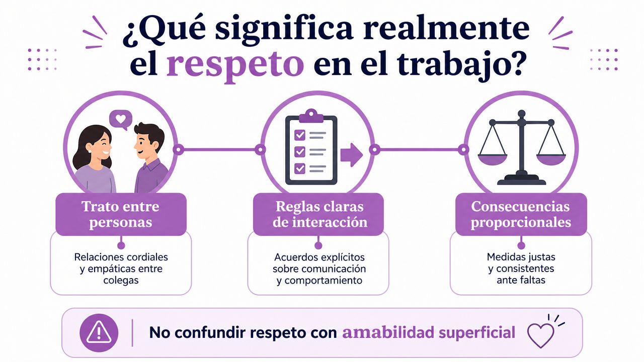 Infografía sobre el respeto en el trabajo detallando el trato cordial, reglas claras y consecuencias proporcionales.