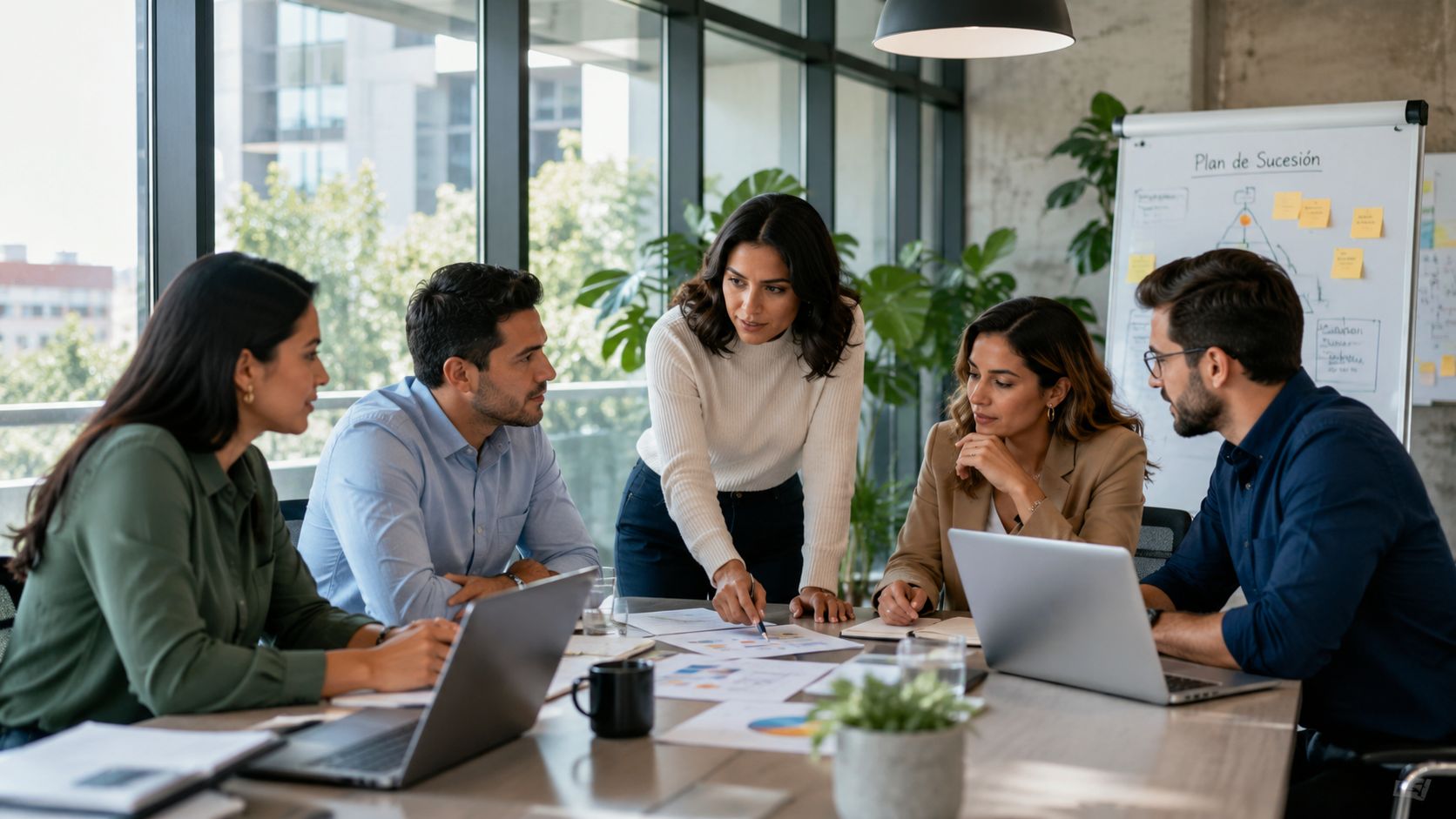 Un equipo de profesionales diversos colabora y discute estrategias de negocios en una sala de juntas moderna.