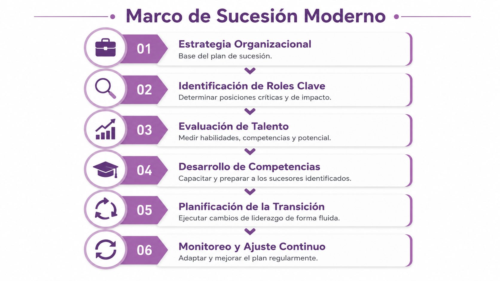 Infografía del Marco de Sucesión Moderno detallando seis pasos estratégicos para la gestión de liderazgo empresarial.