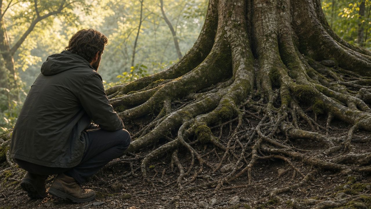 Un hombre observa de cerca las intrincadas raíces de un gran árbol en un bosque durante el atardecer.