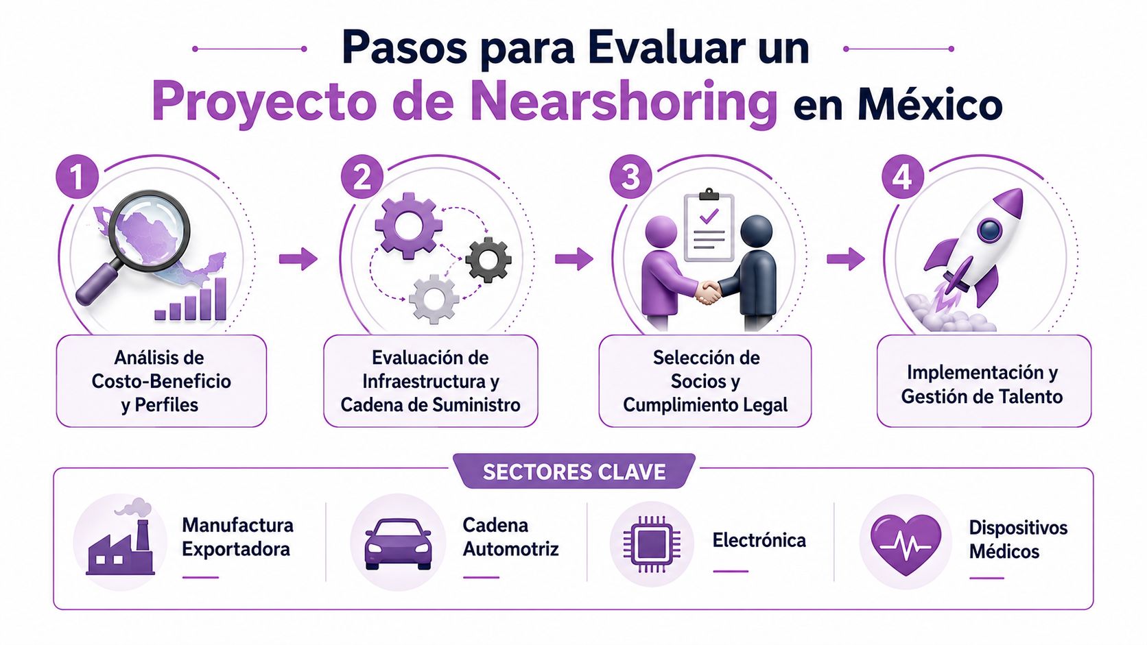 Infografía sobre los cuatro pasos esenciales para evaluar un proyecto de nearshoring en México para sectores clave.