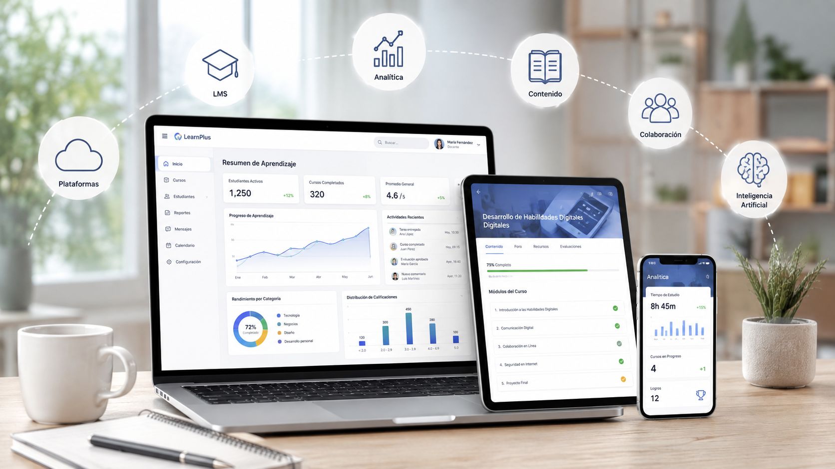 Dashboard de gestión educativa LearnPlus mostrado en una computadora portátil, una tableta y un teléfono inteligente.