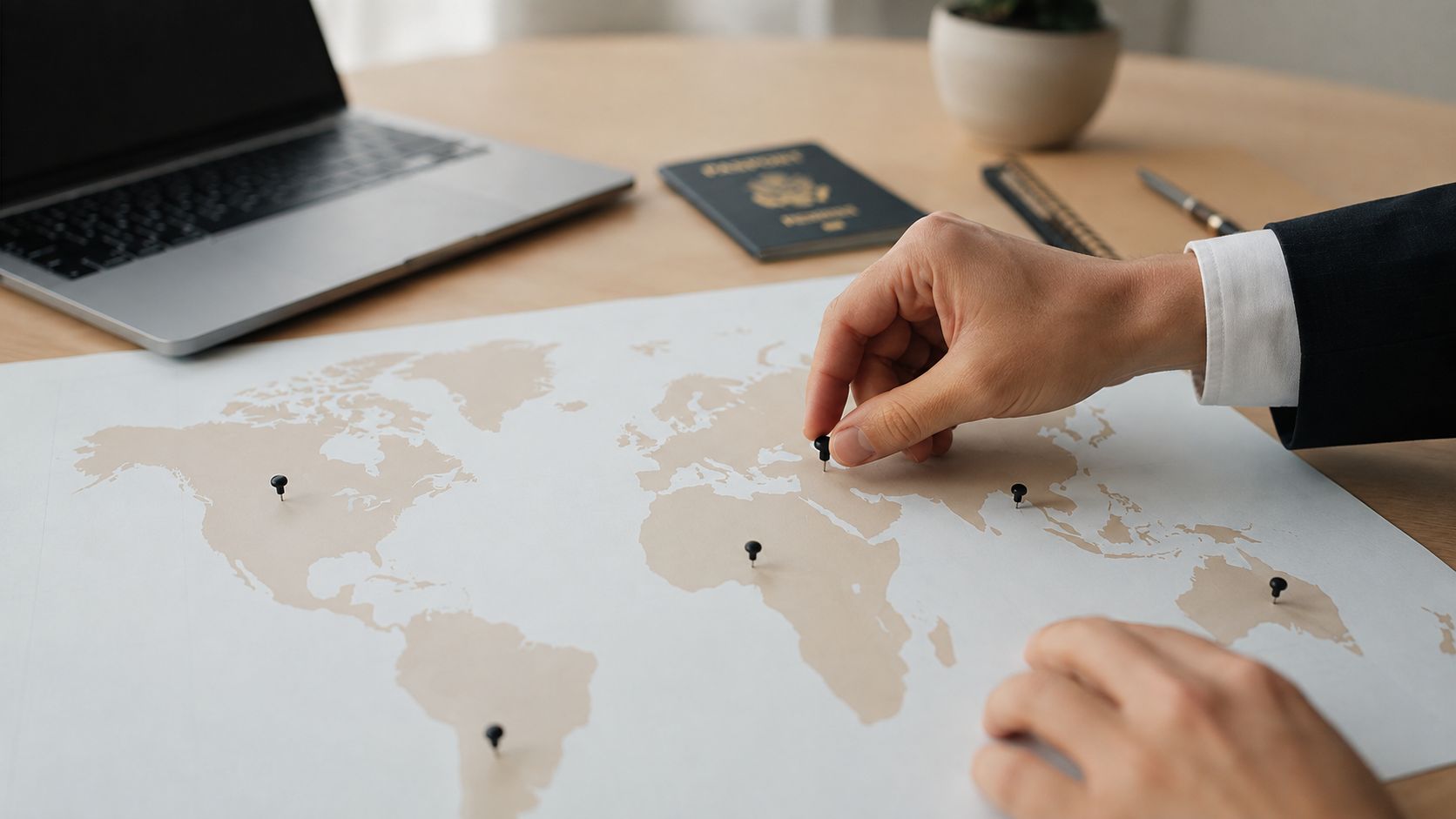 Persona de negocios señalando un punto en un mapa mundial sobre un escritorio de oficina con accesorios.