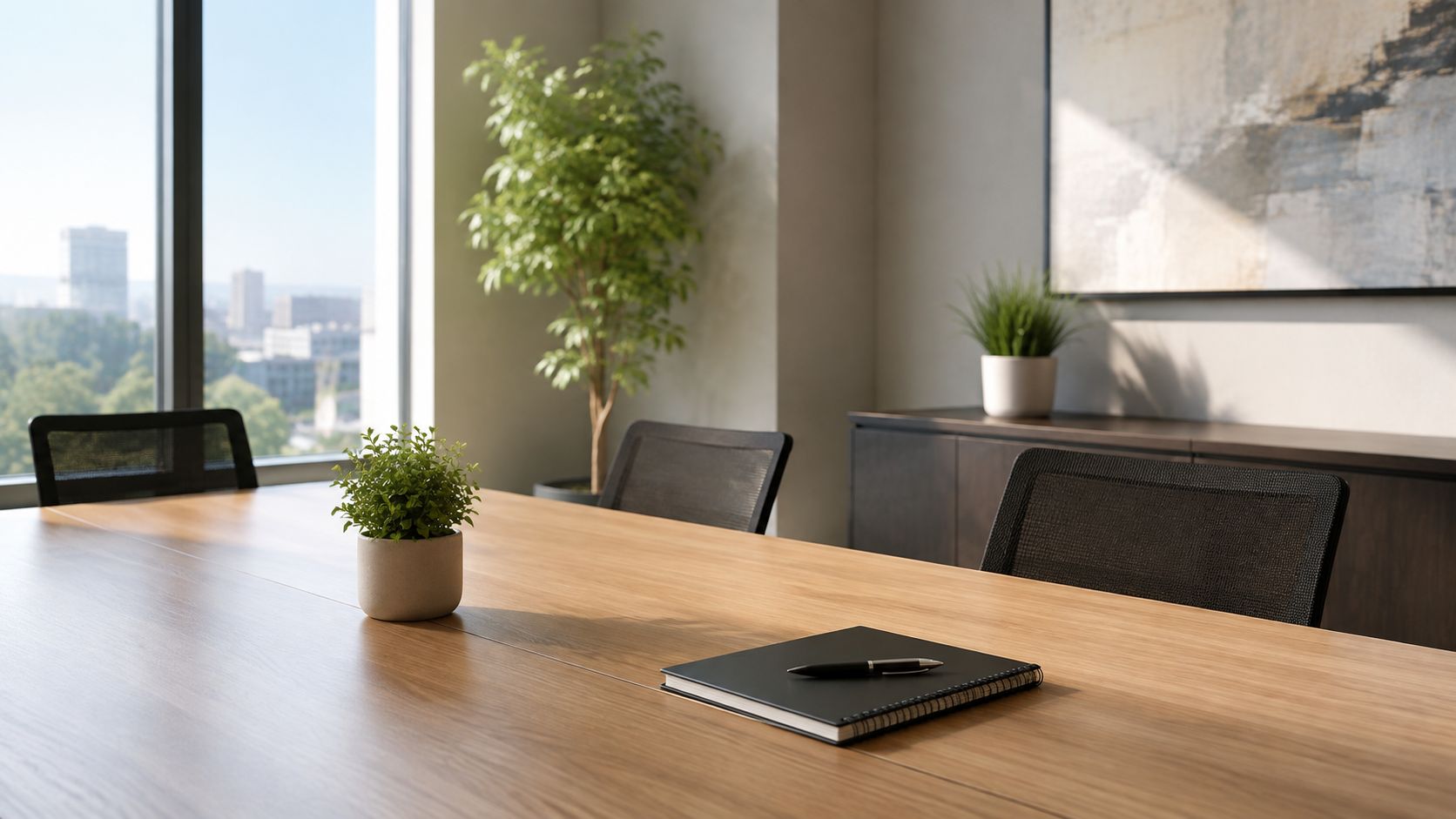 Mesa de reuniones moderna con plantas decorativas, un cuaderno y una vista a la ciudad al fondo.