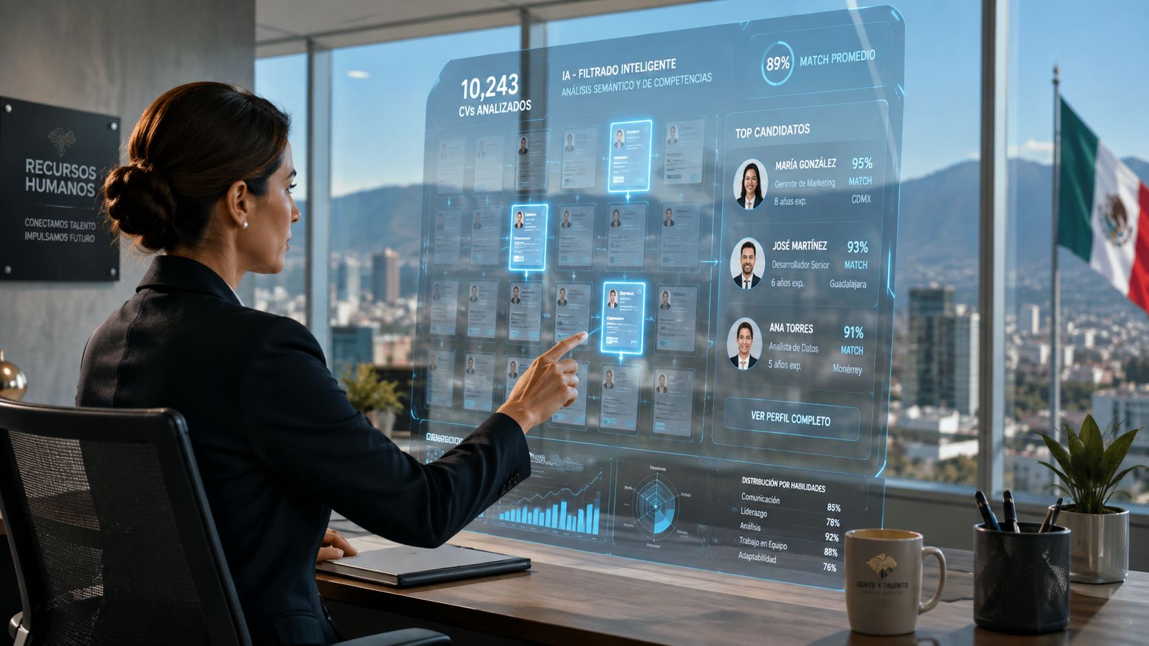 Una profesional de recursos humanos interactúa con una interfaz holográfica avanzada de selección de talento y análisis de datos.