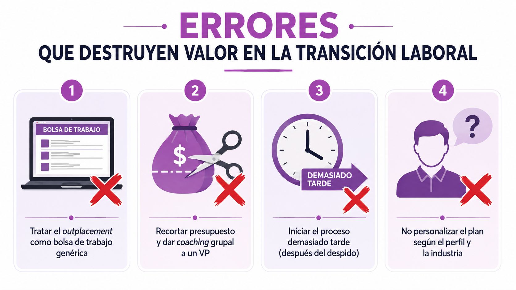 Infografía sobre los cuatro errores principales que destruyen valor durante los procesos de transición laboral empresarial.