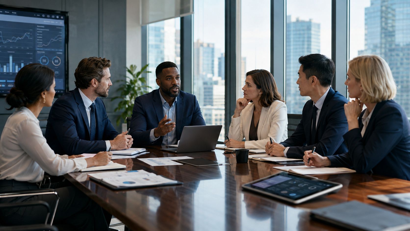Un equipo ejecutivo diverso en una reunión de negocios discutiendo estrategias en una oficina moderna y brillante